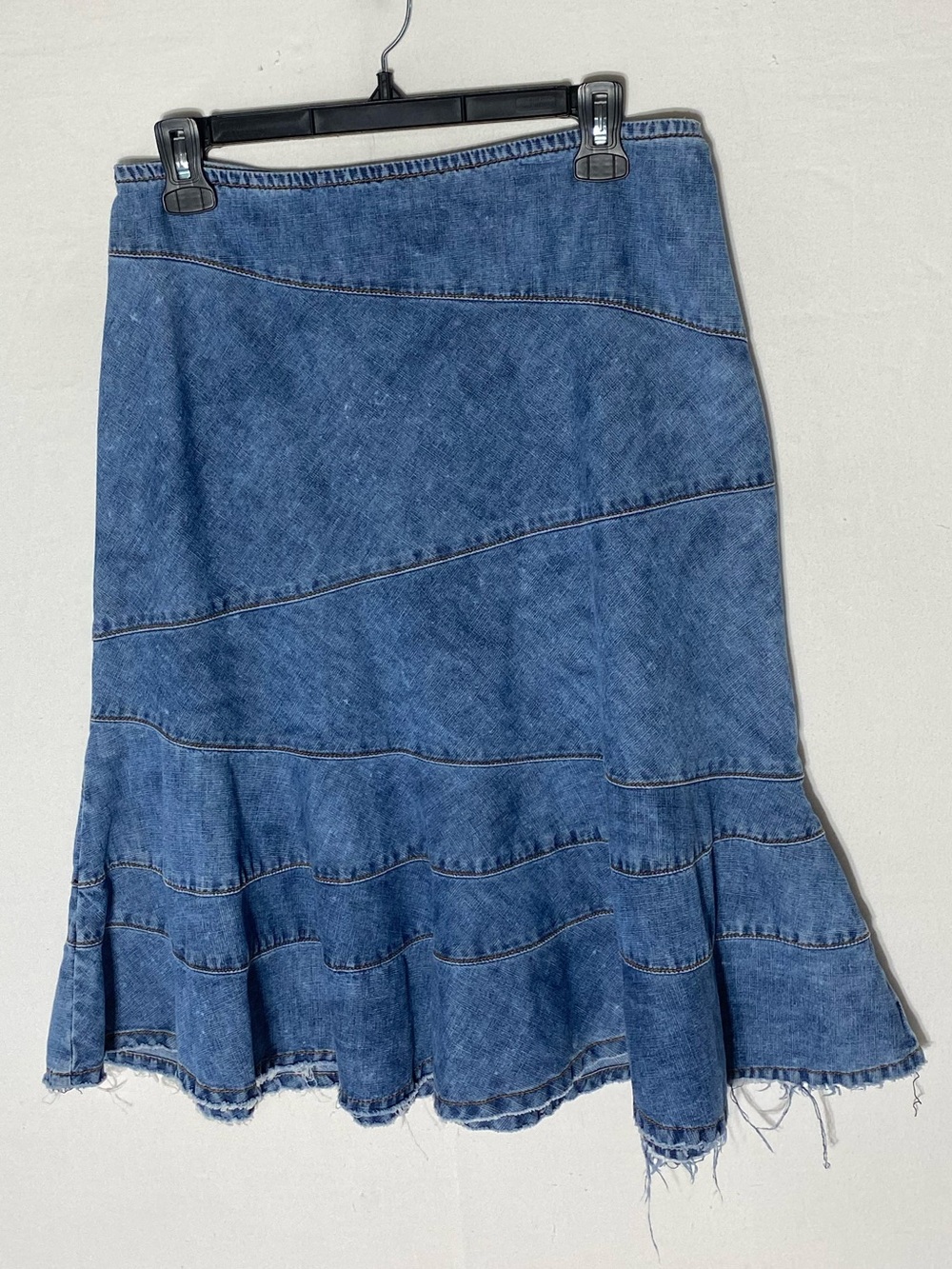 Vintage Y2K Contrast Blue Distressed Denim Low Rise Flare Midi Skirt M